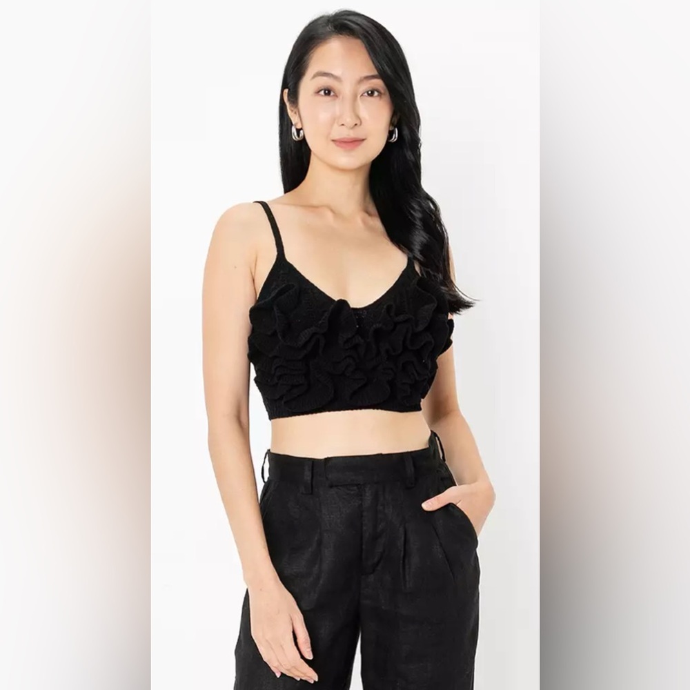 ZARA black ruffled chenille crop top size large - Picture 3 of 13